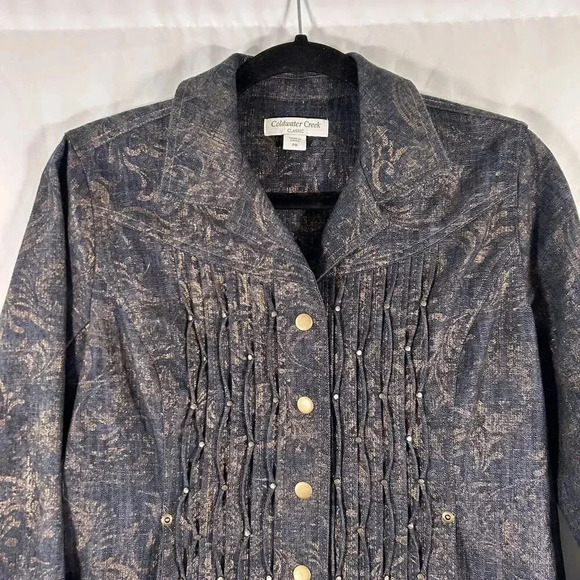 Coldwater Creek Jacket Women's P8 Petite Snap Front Blue Gold Long Sleeve - Picture 2 of 11